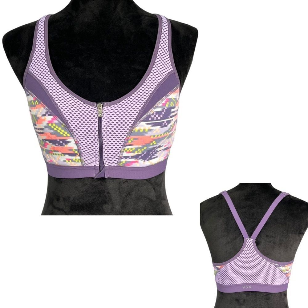 Victoria’s Secret Sports Bra Purple Underwire Mesh Racerback VSX Front Close